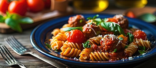 Wall Mural - Close up of Italian pasta with tomato sauce and meatballs in blue plate. Creative Banner. Copyspace image