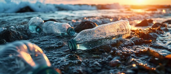 Poster - Garbage destroying our world oceans and earth concept with plastic bottles fish eating the planet. Creative Banner. Copyspace image