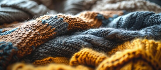 Poster - Knitted woolen clothes after washing close up Winter and autumn warm cozy sweaters for charity. Creative Banner. Copyspace image