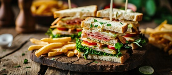 Poster - Club sandwich with french fries and salad. Creative Banner. Copyspace image
