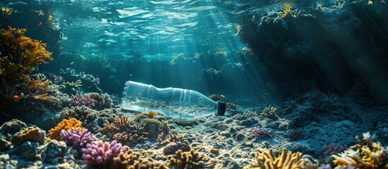 Aufkleber - A very old non biodegradable plastic bottle on the sea floor on a tropical coral reef. Creative Banner. Copyspace image