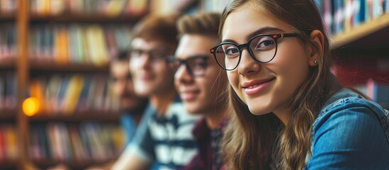 Poster - Group of college students at the library smiling. Creative Banner. Copyspace image