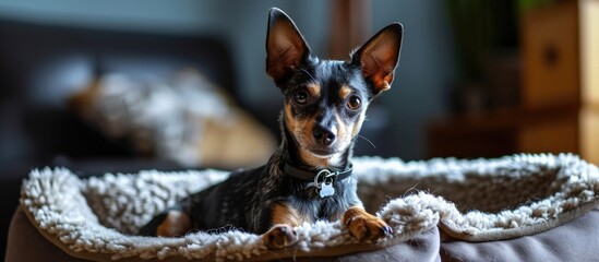 Poster - Adorable purebred Toy terrier looking aside while sitting on fluffy dog bed at home. Creative Banner. Copyspace image