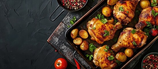 Aufkleber - Grilled chicken legs with potato slices on a black metal tray Top view. Creative Banner. Copyspace image