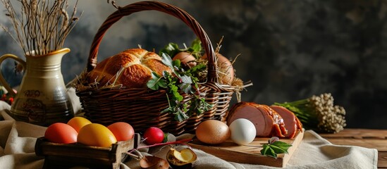 Poster - Basket with Easter food smoked ham in sweet bread potica traditional walnut roll home painted eggs an egg in bread roll in a shape of nest and horse radish on white tablecloth in Easter basket
