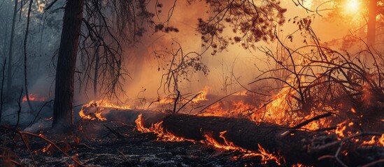 Canvas Print - Forest fire fallen tree is burned to the ground a lot of smoke when wildfire Selective focus. Creative Banner. Copyspace image