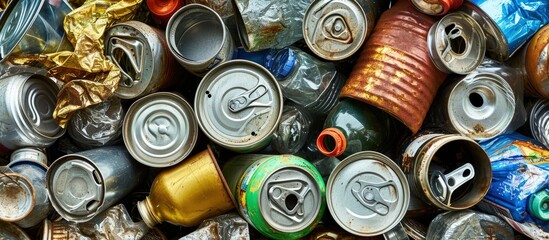 Poster - Large amount of metal tins cans and jars for recycling Aluminum metal food and drink sorted scraps Steel packaging Zero waste and recycle of domestic waste at home concept No pollution