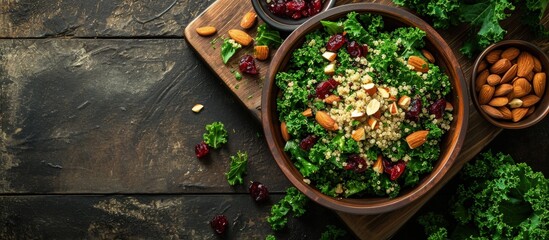 Wall Mural - Healthy raw kale and quinoa salad with cranberry and almonds. Creative Banner. Copyspace image