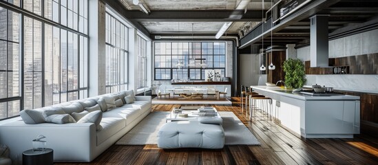 Aufkleber - a living room with wood flooring and white couches in the center of the room is an open kitchen. Creative Banner. Copyspace image