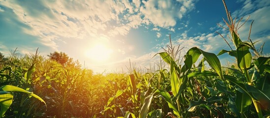 Poster - Corn field in clear day corn tree with blue cloudy Sky. Creative Banner. Copyspace image