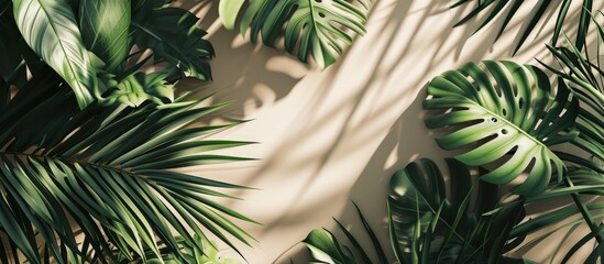 Canvas Print - Invitation card mockup with palm tree leaf decoration top view. Creative Banner. Copyspace image