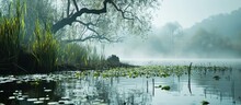 Foggy Morning At The Lake Shore With Trees Reeds And Waterlily Leaves On The Water Idyllic Landscape And Natural Environment Copy Space Selected Focus Narrow Depth Of Field. Creative Banner