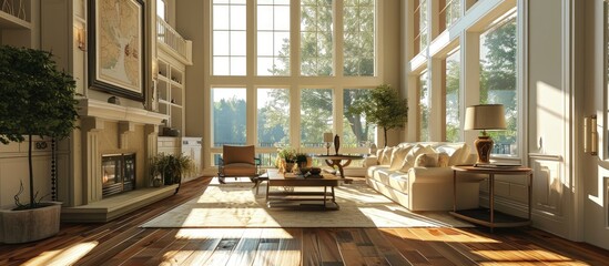 Beautiful living room interior with hardwood floors huge bank of windows tall vaulted ceiling and fireplace in new luxury home. Creative Banner. Copyspace image