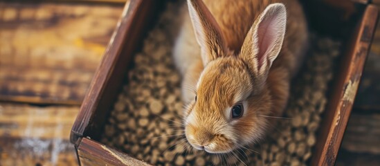 Poster - Bunny sitting in a litter box Top view shot of cute rabbit. Creative Banner. Copyspace image
