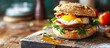 Close up of a egg bacon and cheese sandwich on a sesame seed bagel. Creative Banner. Copyspace image