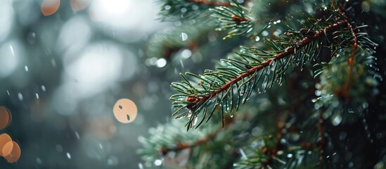 Poster - Close up of rain drops on a pine tree branch Blurred background Moody atmosphere of a rainy day. Creative Banner. Copyspace image