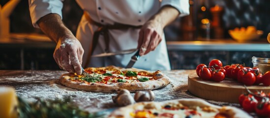 Poster - Closeup hand of chef baker making pizza at kitchen. Creative Banner. Copyspace image
