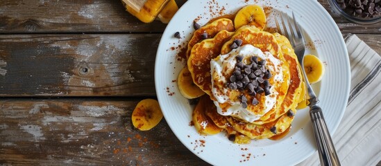 Poster - Corn pancakes with caramelized bananas natural yogurt and chocolate chips on white plate Girl eating pancakes for breakfast First person view top view. Creative Banner. Copyspace image
