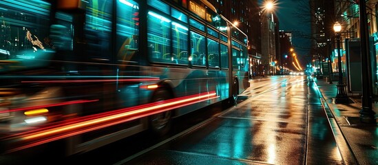 Aufkleber - Bus passing by in the street at night slow shutter speed motion. Creative Banner. Copyspace image