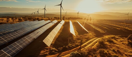 Wall Mural - Aerial drone view of the hybrid Gullen Solar Farm and Gullen Range Wind Farm for renewable clean energy supply located at Bannister in the Upper Lachlan Shire NSW Australia. Creative Banner