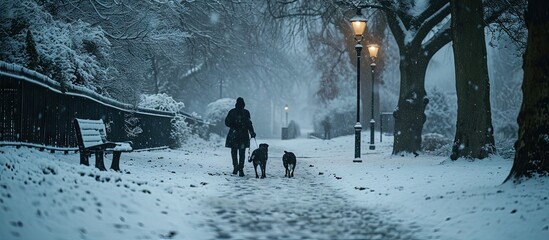 Poster - A person is seen walking two dogs through a misty morning snow scene The Stray Harrogate North Yorkshire UK. Creative Banner. Copyspace image