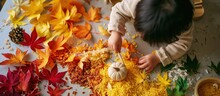 Child Hands Creating Autumn Tree With Colored Rice And Natural Materials Toddler Filled The Leaves With Yellow And Orange Rice Montessori Material Sensory Play And Fall Nature Crafts. Creative Banner