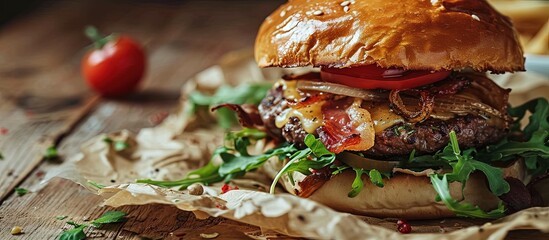 Poster - burger with bacon meat onion sauce herbs and tomato on parchment. Creative Banner. Copyspace image