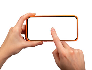 Poster - Mobile phone screen mock up in hand. Iphone display, horizontal mockup isolated png transparant