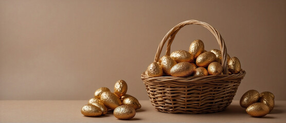 Wall Mural - Un panier rempli d'oeufs de Pâques en chocolat sur un fond marron