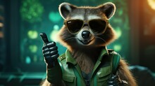 Raccoon In Vintage Cartoon Style Dons A Green Suit Large Glasses