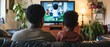 Back view of father and son watching cartoon videos in front TV. Rear view angle of a family watching television in living room. Generative ai
