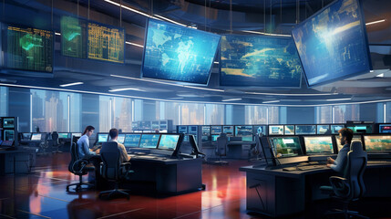 Poster - the interior of a room in a brokerage or securities building, showcasing the bustling atmosphere of 