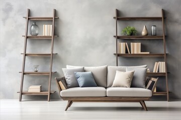 Wall Mural - Modern Scandinavian Interior. Cozy Sofa with Wooden Shelving Unit in Stylish Attic Living Room