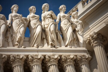 The interior of an Ancient Greek temple adorned with marble columns, statues, and classical artwork.