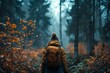 Adventurous soul in a warm jacket ventures into a foggy forest, the autumn colors enhancing the mystery and exploration theme.


