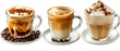 Set of 3 Different Lattes Isolated on Transparent or White Background, PNG
