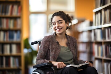 Young student in a wheelchair in the library. Ai generative