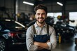 Portrait of a smiling mechanic in a car repair shop. Ai generative