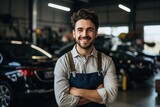 Fototapeta  - Portrait of a smiling mechanic in a car repair shop. Ai generative
