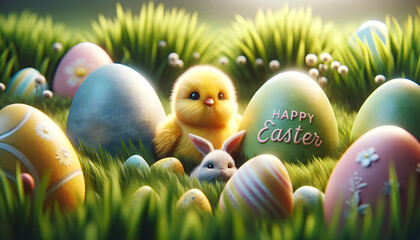 Happy easter illustration, easter bunny and little yellow chicken with decorated eggs, cute animals, festive background, banner