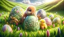 Happy Easter Illustration, Easter Bunny And Little Yellow Chicken With Decorated Eggs, Cute Animals, Festive Background, Banner