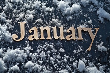 January month text word. Generative AI on winter snowy style background