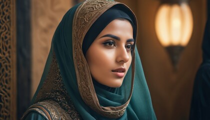 Poster -  a close up of a woman wearing a headscarf and wearing a green shawl with a gold design on the side of her head and a lamp in the background.