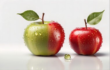 Two apples with stem and dew drops, on white background