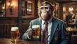  a monkey dressed in a suit and tie sitting at a table with two mugs of beer in front of him and another monkey wearing a suit and tie behind him.
