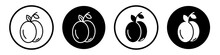 Apricot Icon Set. Prune Fruit Vector Symbol In Black Filled And Outlined Style.