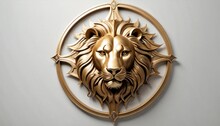  A Golden Lion Head Mounted To The Side Of A Wall With A Circular Frame Around It's Face And A Chain Hanging From The Side Of It's Neck.