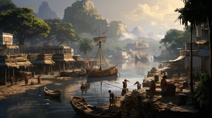 Wall Mural - the bustling activity of a Mayan seaport, filled with trading vessels.