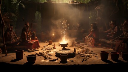 Wall Mural - the recreation of a Mayan religious ceremony, complete with incense and rituals.
