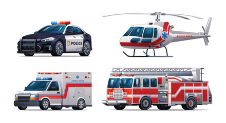 Set of emergency vehicles. Police car, fire truck, ambulance car and helicopter. Official emergency service vehicles side view vector illustration